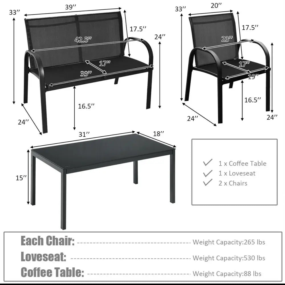 4 Pieces Patio Furniture Set with Glass Top Coffee Table-Black - Black - Patio Conversation Sets