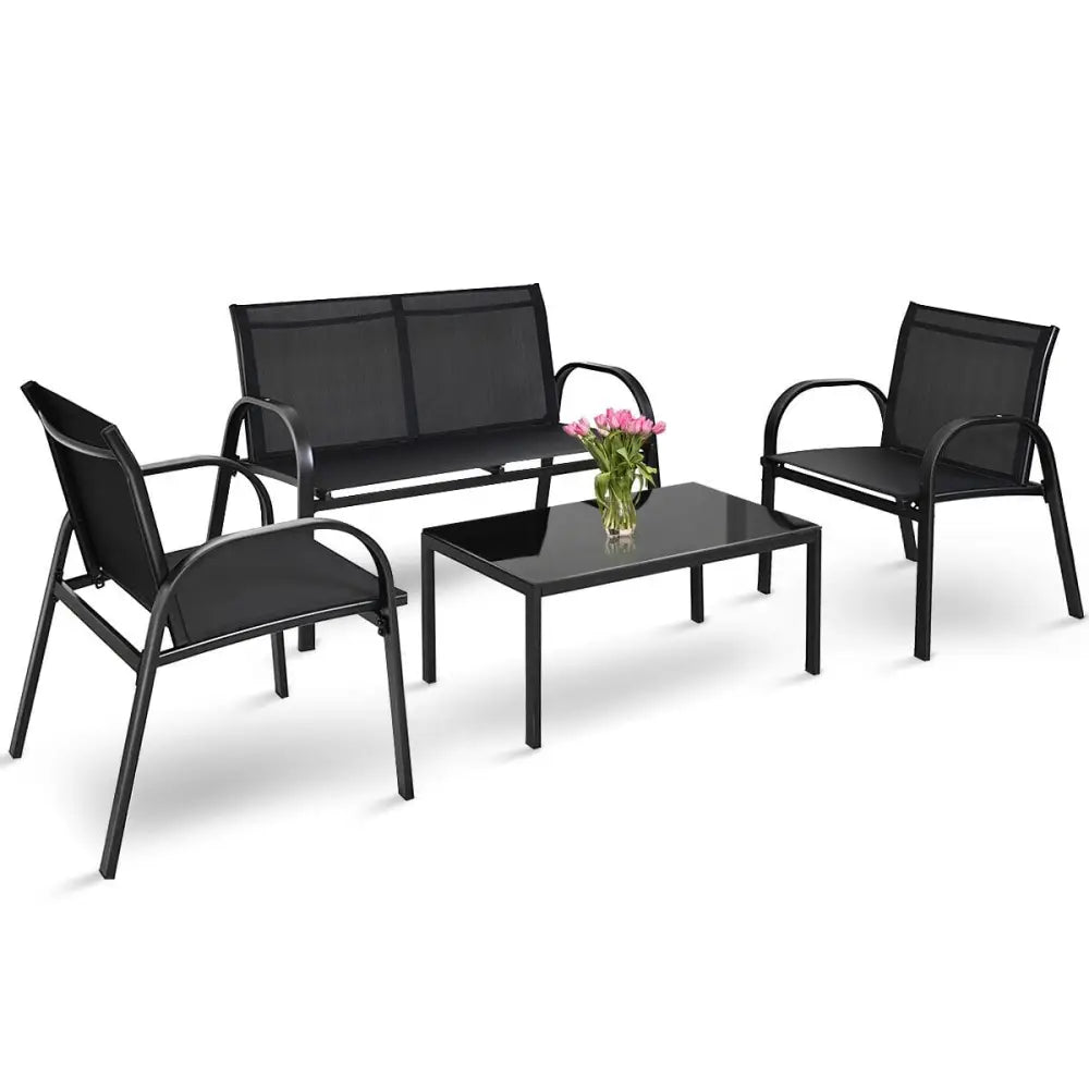 4 Pieces Patio Furniture Set with Glass Top Coffee Table-Black - Black - Patio Conversation Sets