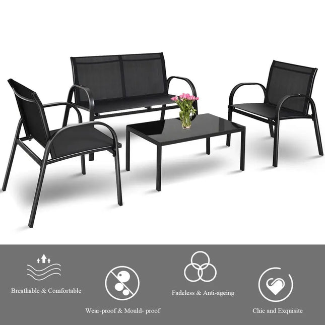 4 Pieces Patio Furniture Set with Glass Top Coffee Table-Black - Black - Patio Conversation Sets
