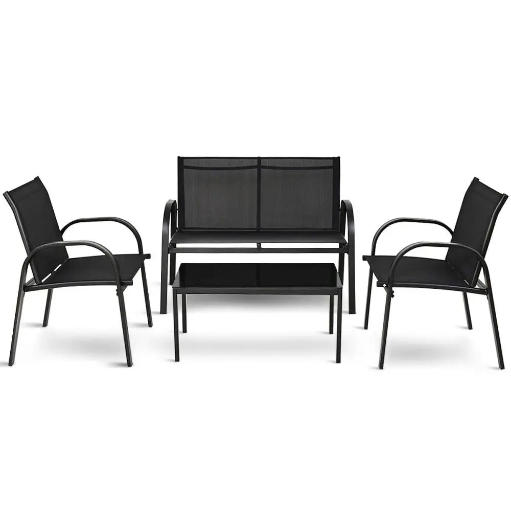 4 Pieces Patio Furniture Set with Glass Top Coffee Table-Black - Black - Patio Conversation Sets