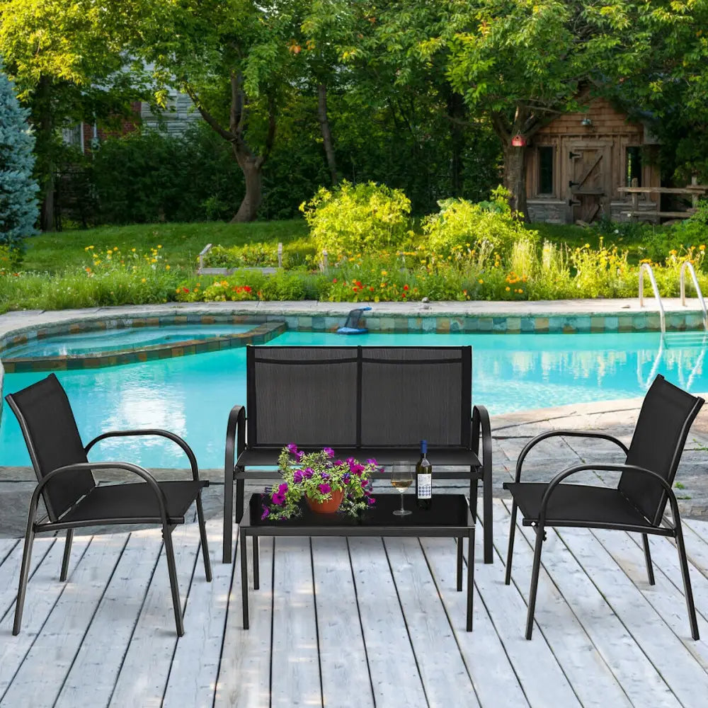 4 Pieces Patio Furniture Set with Glass Top Coffee Table-Black - Black - Patio Conversation Sets