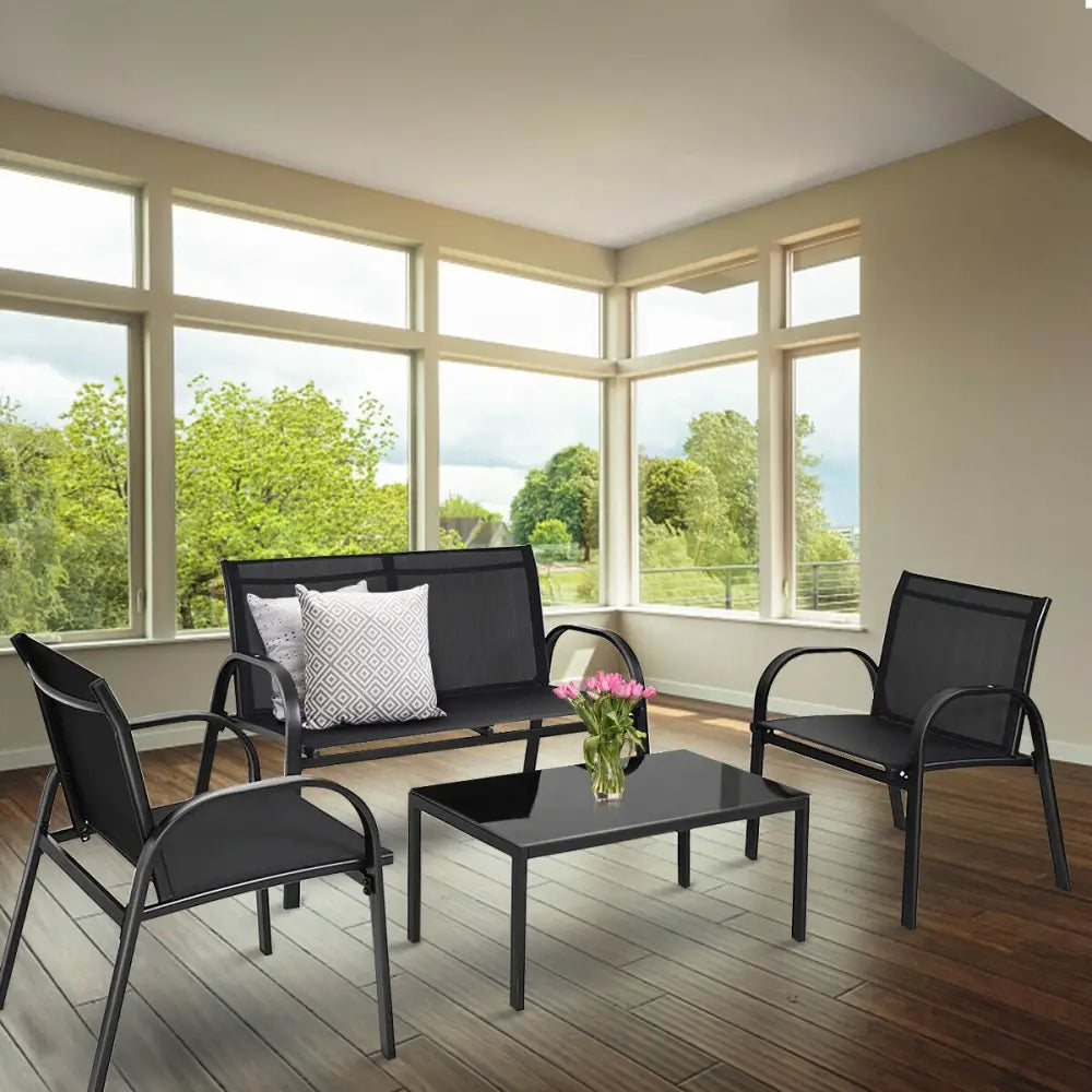 4 Pieces Patio Furniture Set with Glass Top Coffee Table-Black - Black - Patio Conversation Sets