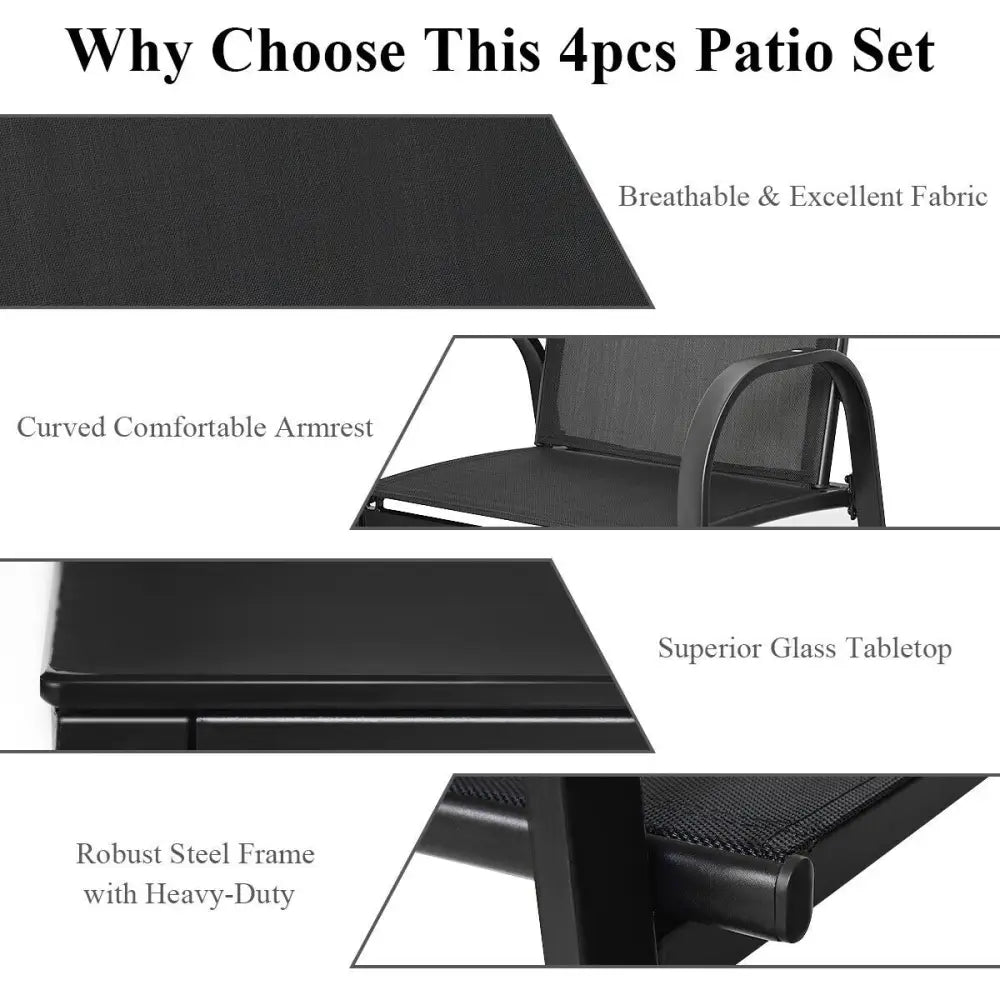4 Pieces Patio Furniture Set with Glass Top Coffee Table-Black - Black - Patio Conversation Sets