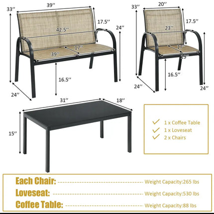 4 Pieces Patio Furniture Set with Glass Top Coffee Table-Brown - Brown - Patio Conversation Sets