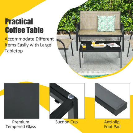 4 Pieces Patio Furniture Set with Glass Top Coffee Table-Brown - Brown - Patio Conversation Sets