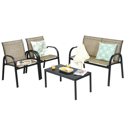 4 Pieces Patio Furniture Set with Glass Top Coffee Table-Brown - Brown - Patio Conversation Sets