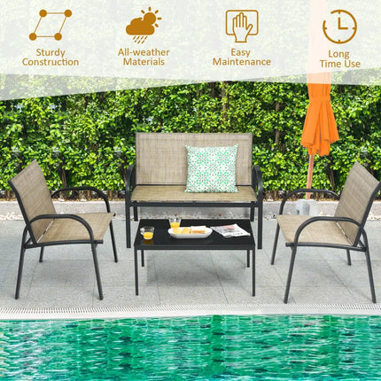 4 Pieces Patio Furniture Set with Glass Top Coffee Table-Brown - Brown - Patio Conversation Sets