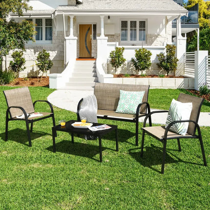4 Pieces Patio Furniture Set with Glass Top Coffee Table-Brown - Brown - Patio Conversation Sets