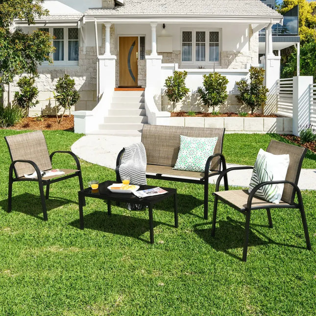 4 Pieces Patio Furniture Set with Glass Top Coffee Table-Brown - Brown - Patio Conversation Sets