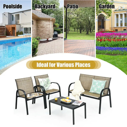4 Pieces Patio Furniture Set with Glass Top Coffee Table-Brown - Brown - Patio Conversation Sets