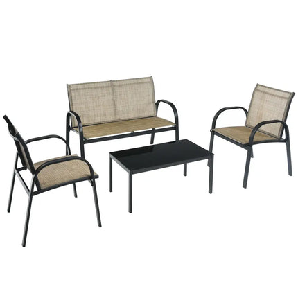 4 Pieces Patio Furniture Set with Glass Top Coffee Table-Brown - Brown - Patio Conversation Sets