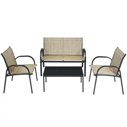 4 Pieces Patio Furniture Set with Glass Top Coffee Table-Brown - Brown - Patio Conversation Sets