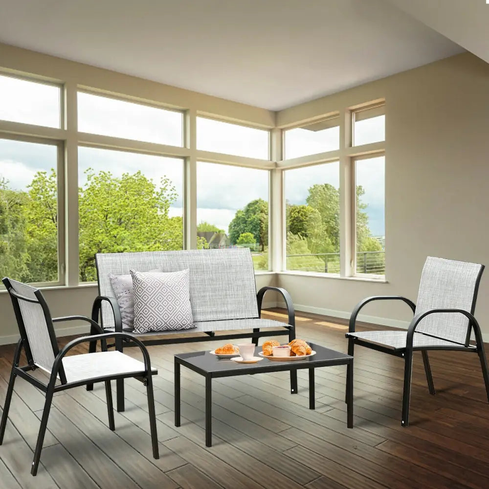 4 Pieces Patio Furniture Set with Glass Top Coffee Table-Gray - Gray - Patio Conversation Sets
