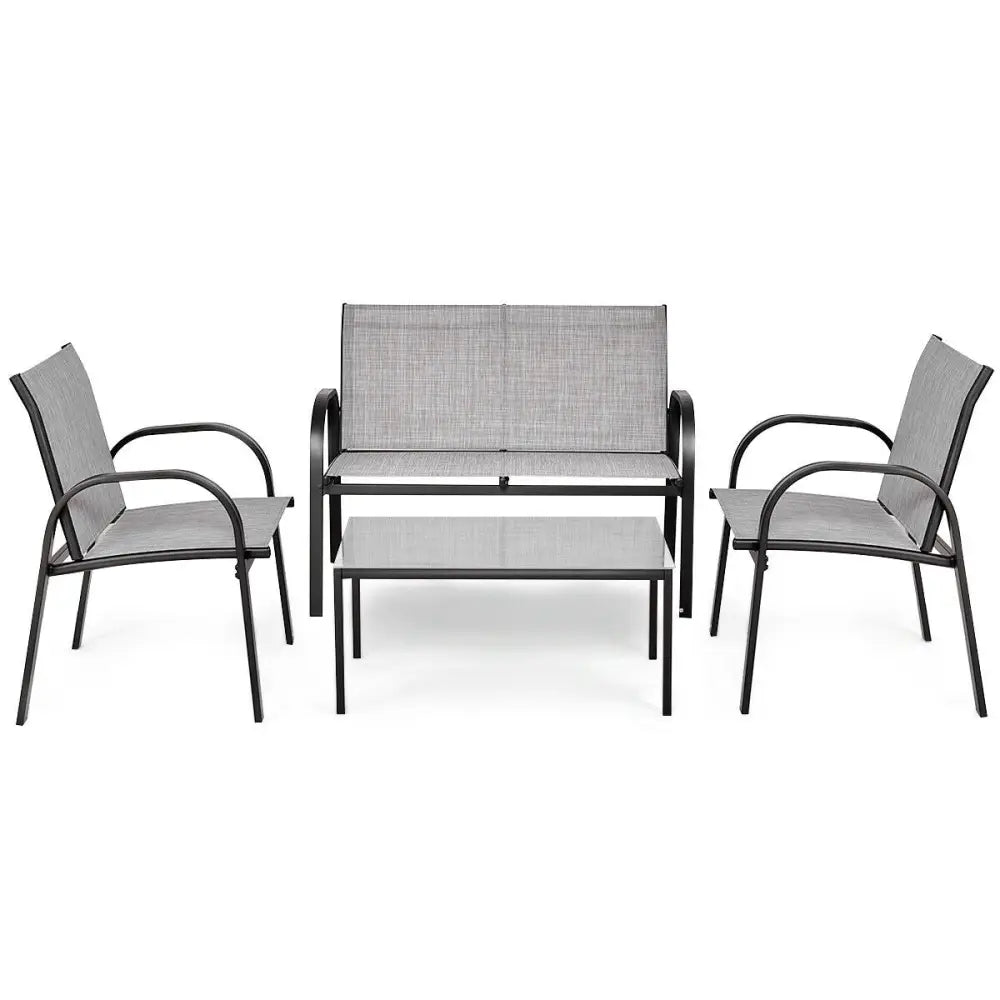 4 Pieces Patio Furniture Set with Glass Top Coffee Table-Gray - Gray - Patio Conversation Sets