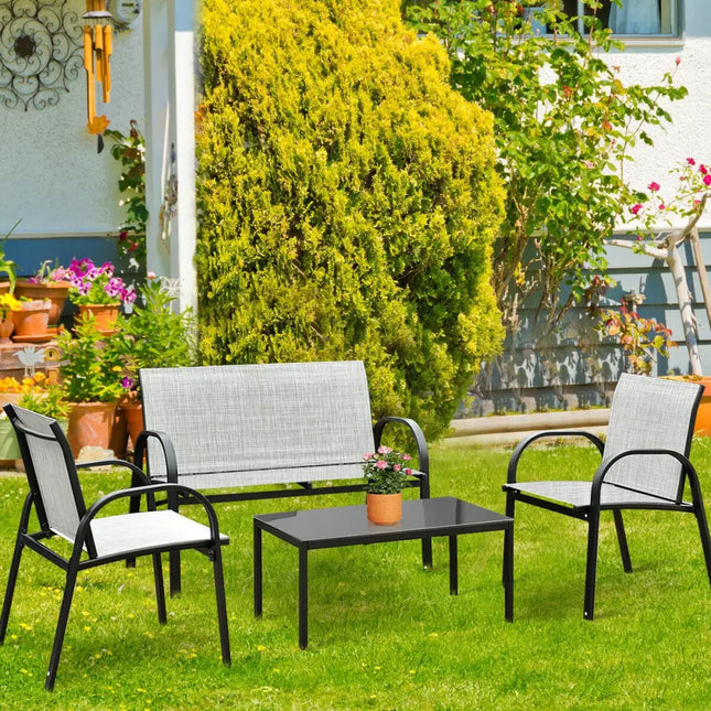 4 Pieces Patio Furniture Set with Glass Top Coffee Table-Gray - Gray - Patio Conversation Sets