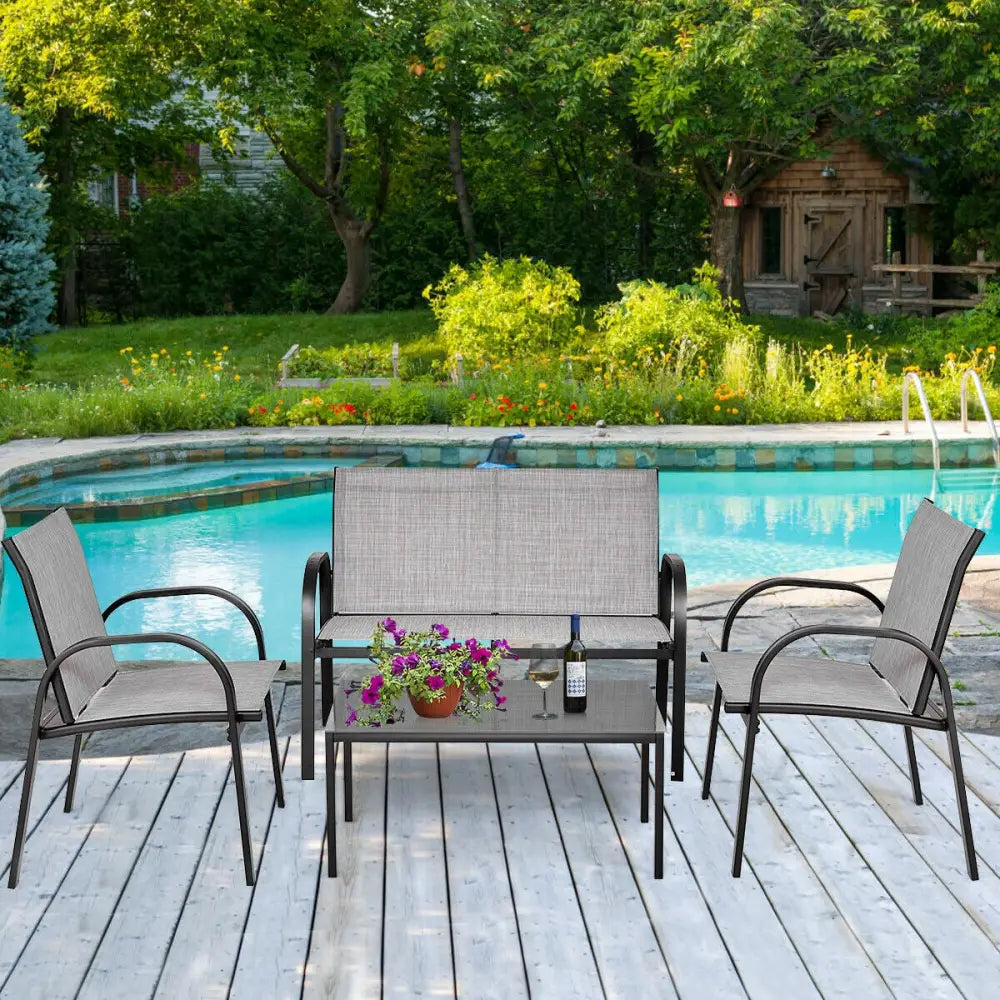 4 Pieces Patio Furniture Set with Glass Top Coffee Table-Gray - Gray - Patio Conversation Sets