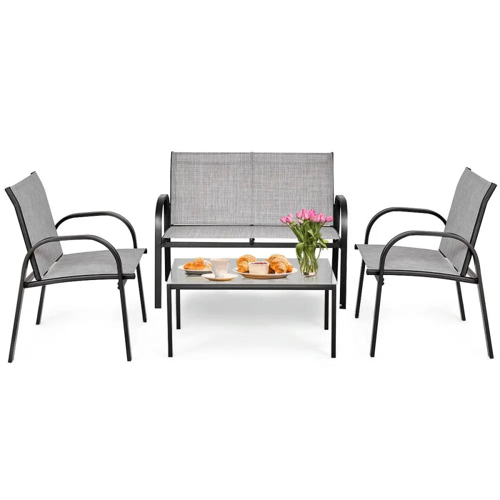 4 Pieces Patio Furniture Set with Glass Top Coffee Table-Gray - Gray - Patio Conversation Sets