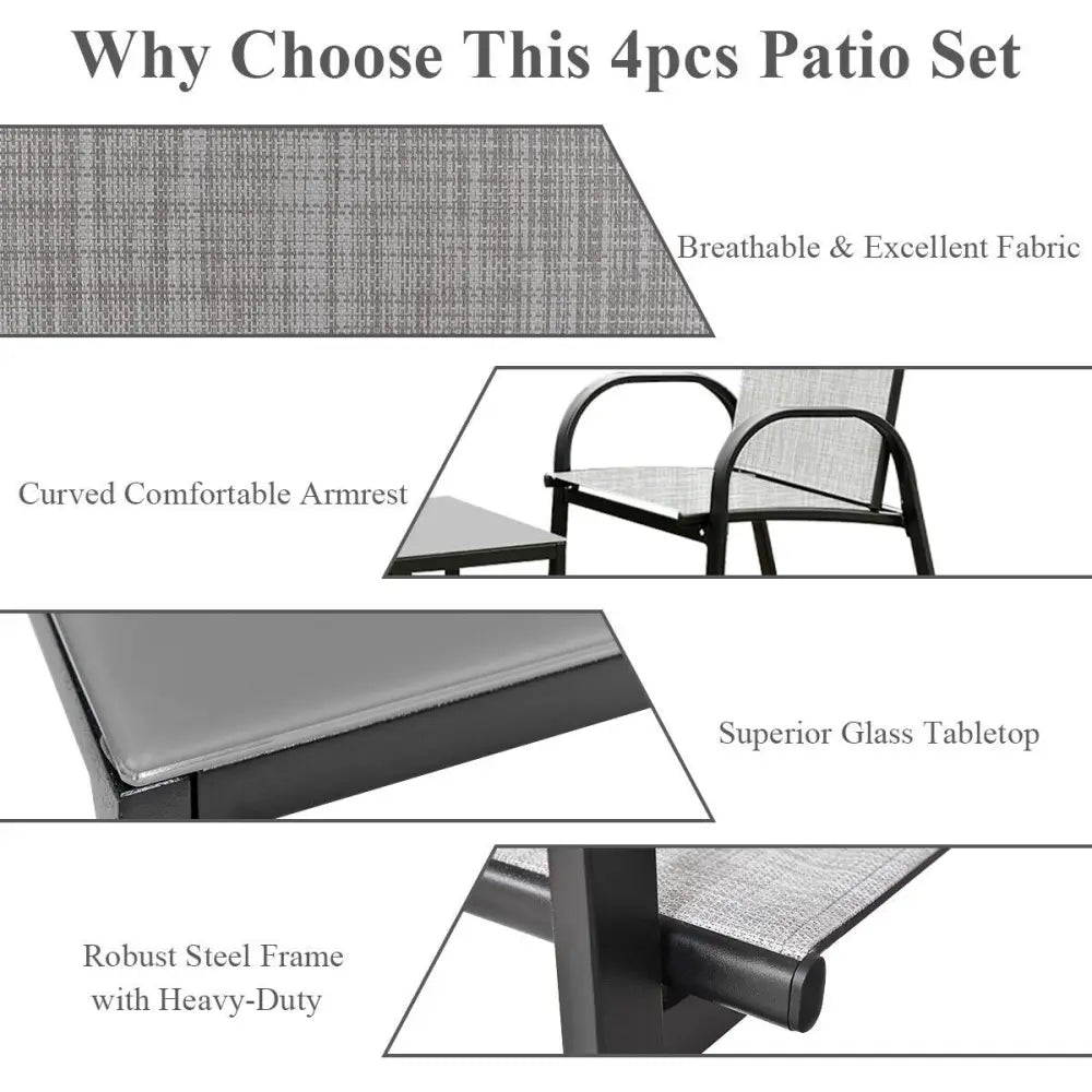 4 Pieces Patio Furniture Set with Glass Top Coffee Table-Gray - Gray - Patio Conversation Sets