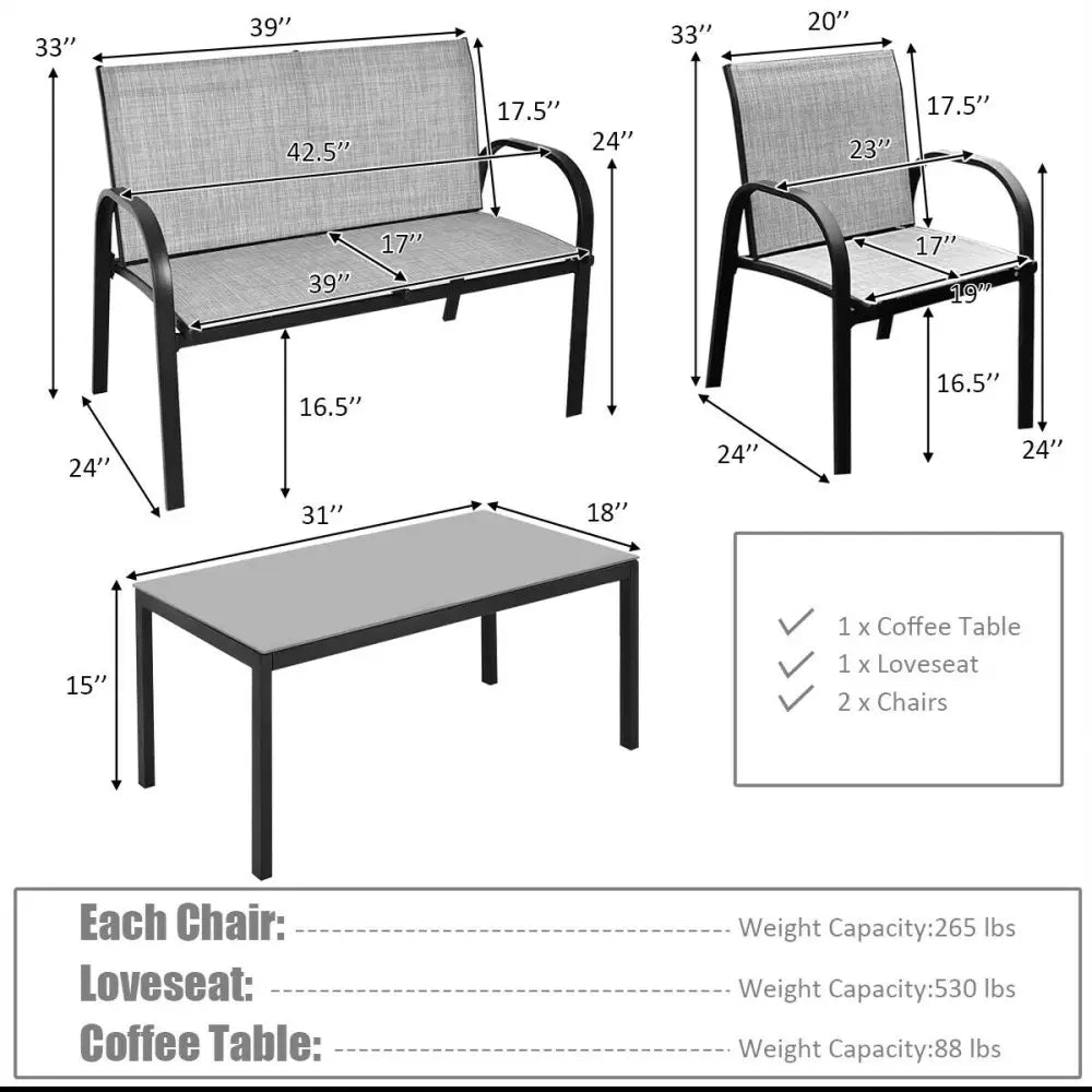 4 Pieces Patio Furniture Set with Glass Top Coffee Table-Gray - Gray - Patio Conversation Sets