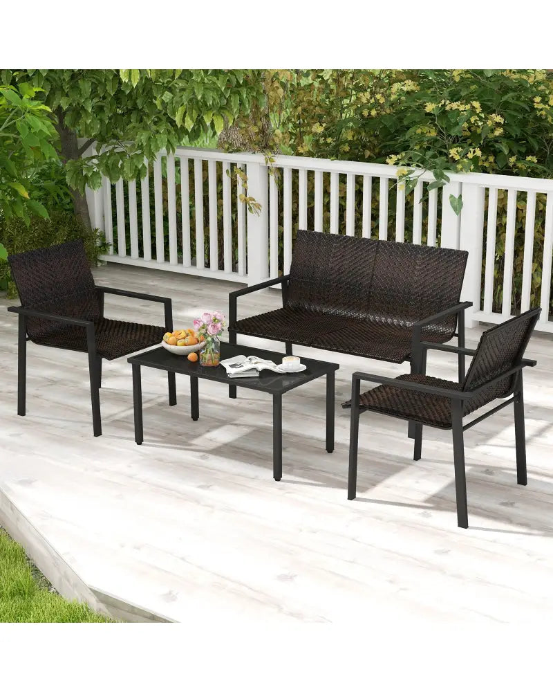 4 Pieces Patio Furniture Set with Heavy Duty Galvanized Metal Frame-Brown - Brown - Patio Dining Sets
