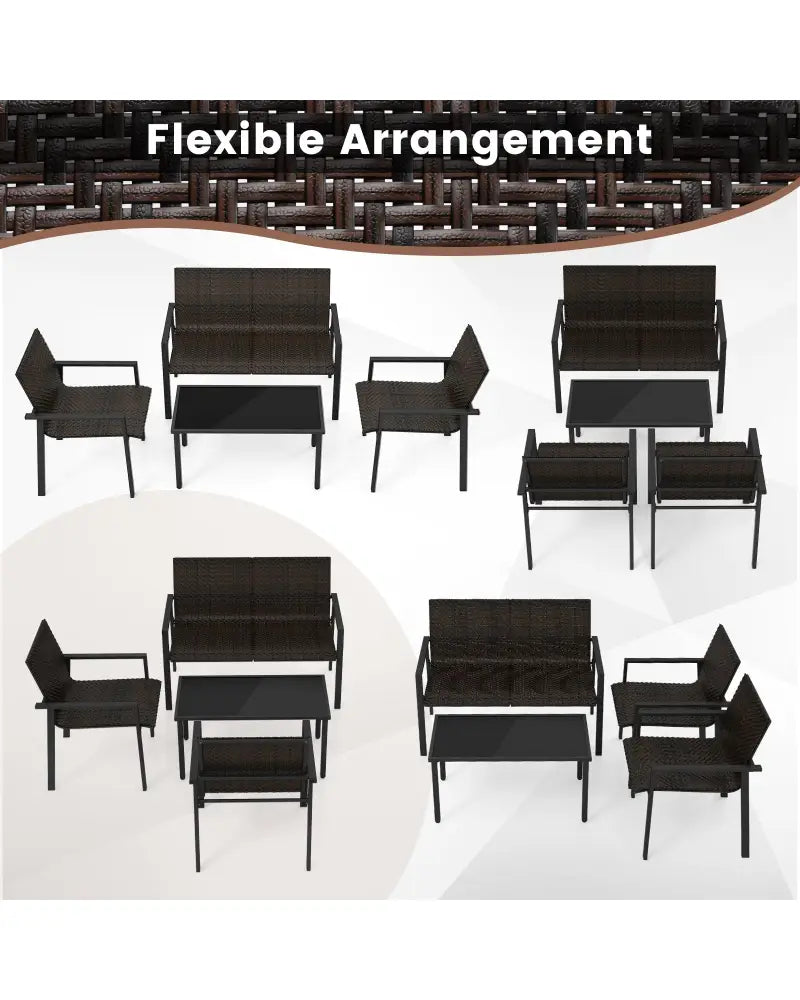 4 Pieces Patio Furniture Set with Heavy Duty Galvanized Metal Frame-Brown - Brown - Patio Dining Sets