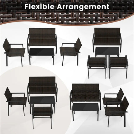 4 Pieces Patio Furniture Set with Heavy Duty Galvanized Metal Frame-Brown - Brown - Patio Dining Sets