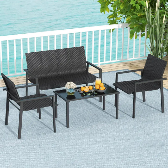 4 Pieces Patio Furniture Set with Heavy Duty Galvanized Metal Frame-Black - Black - Patio Dining Sets