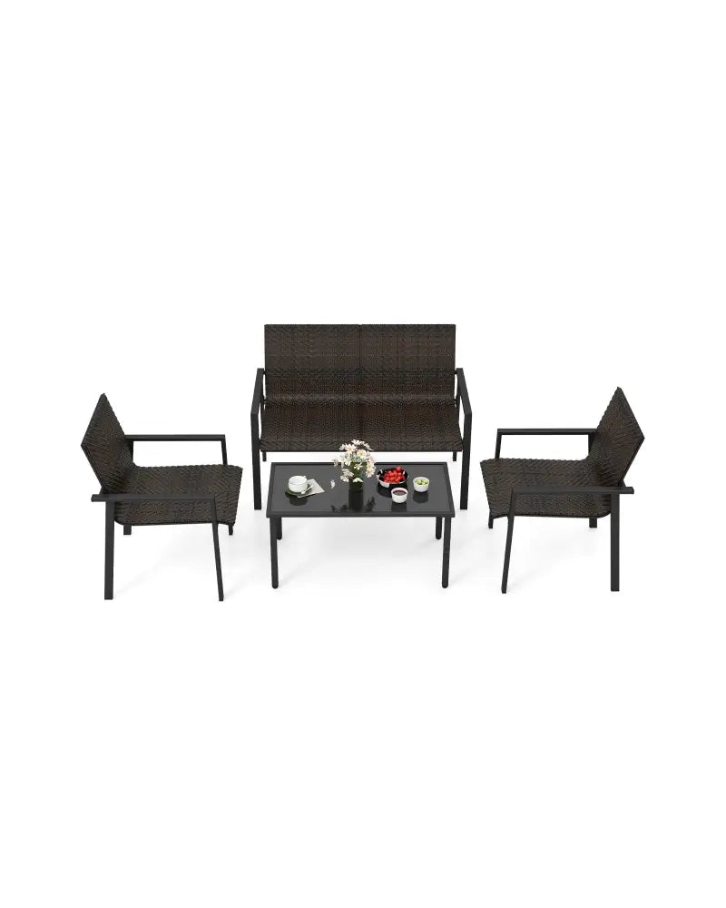 4 Pieces Patio Furniture Set with Heavy Duty Galvanized Metal Frame-Brown - Brown - Patio Dining Sets