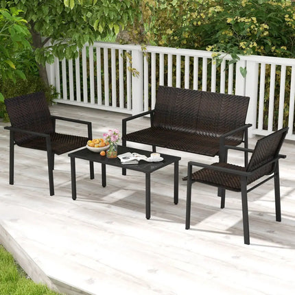 4 Pieces Patio Furniture Set with Heavy Duty Galvanized Metal Frame-Brown - Brown - Patio Dining Sets