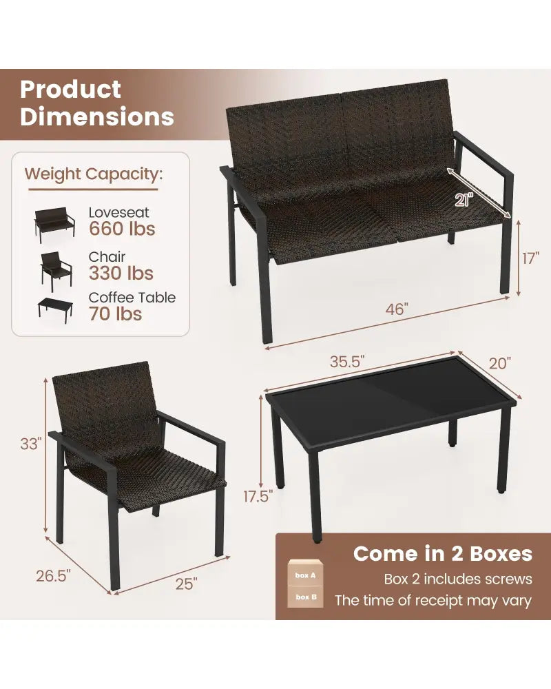 4 Pieces Patio Furniture Set with Heavy Duty Galvanized Metal Frame-Brown - Brown - Patio Dining Sets