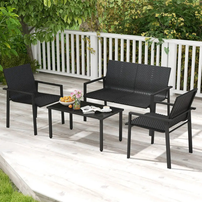 4 Pieces Patio Furniture Set with Heavy Duty Galvanized Metal Frame-Black - Black - Patio Dining Sets