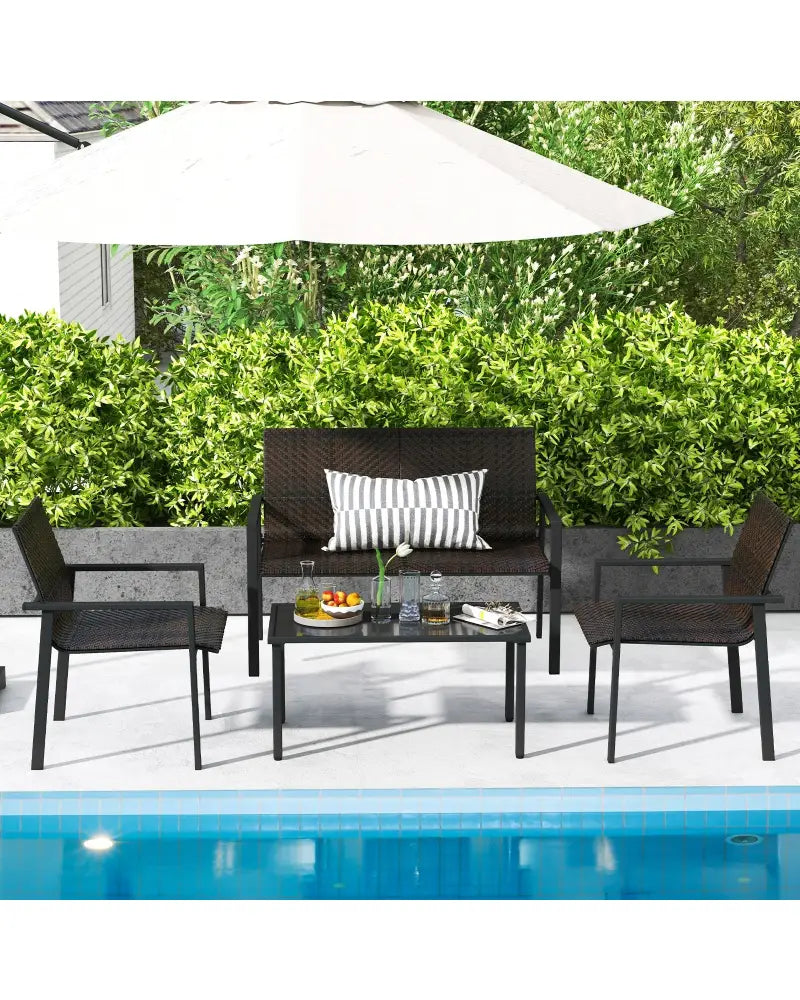 4 Pieces Patio Furniture Set with Heavy Duty Galvanized Metal Frame-Brown - Brown - Patio Dining Sets