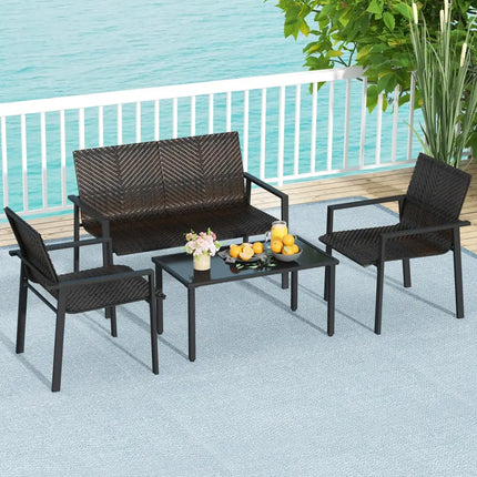 4 Pieces Patio Furniture Set with Heavy Duty Galvanized Metal Frame-Brown - Brown - Patio Dining Sets