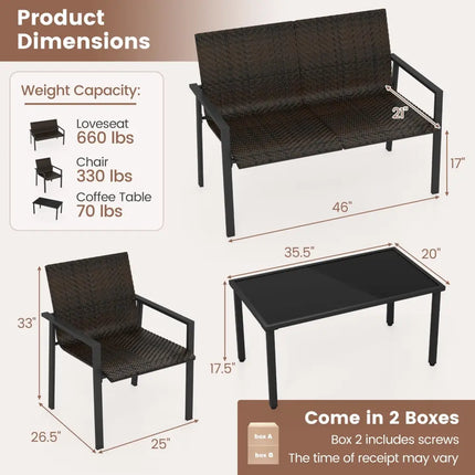 4 Pieces Patio Furniture Set with Heavy Duty Galvanized Metal Frame-Brown - Brown - Patio Dining Sets