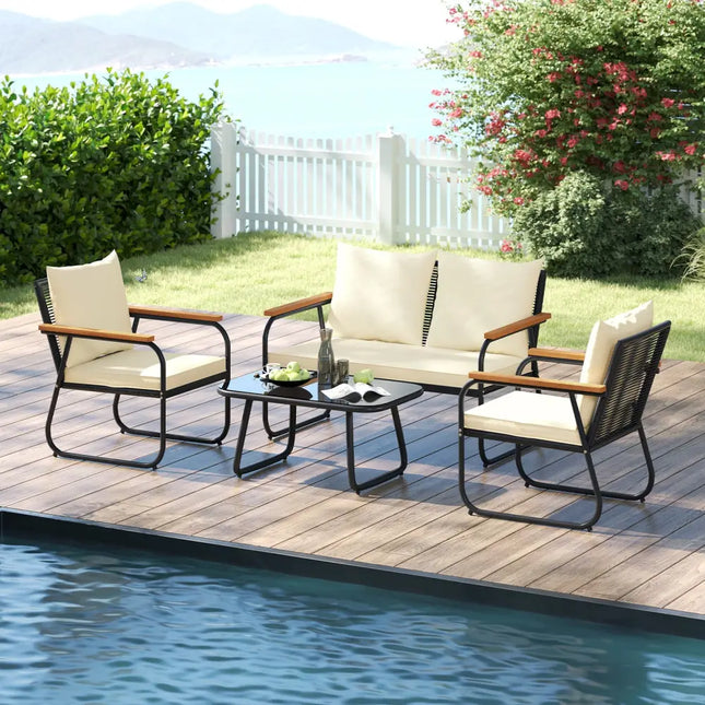 4 Pieces Patio Furniture Set with Tempered Glass Coffee Table - Off White - Patio Conversation Sets