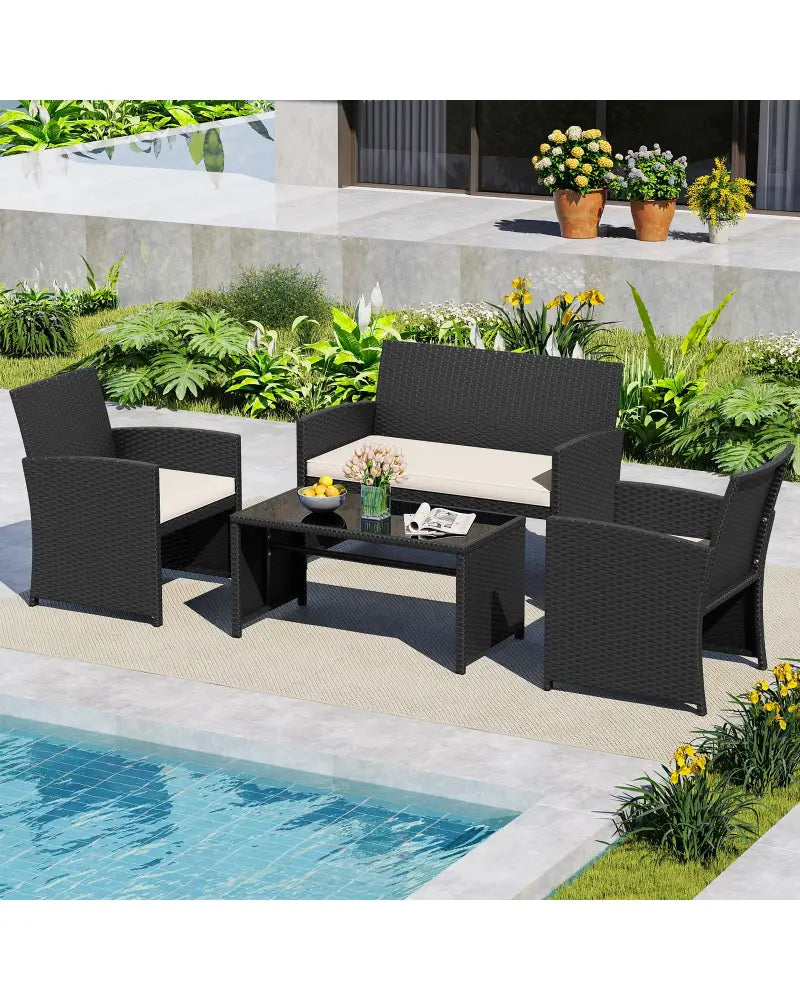 4 Pieces Patio Furniture Set with Tempered Glass Tabletop and Removable Cushion-White - White - Patio Conversation Sets