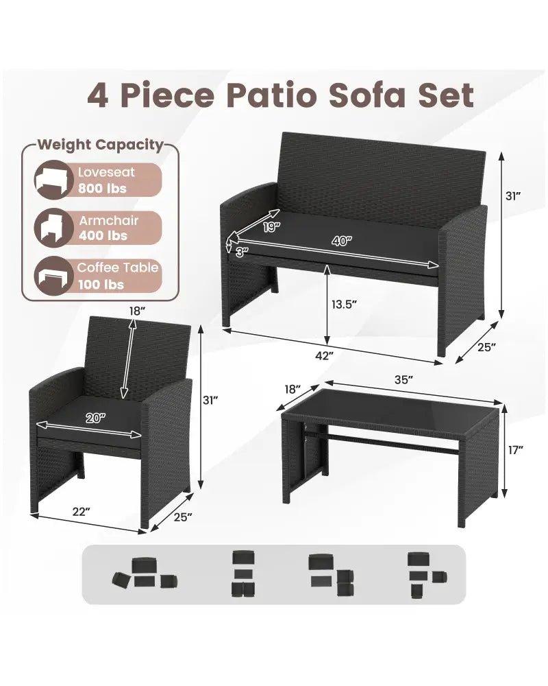 4 Pieces Patio Furniture Set with Tempered Glass Tabletop and Removable Cushion-Black - Black - Patio Conversation Sets