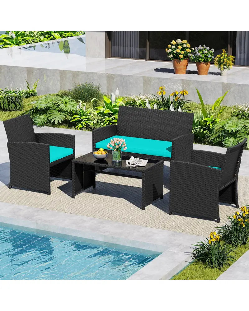 4 Pieces Patio Furniture Set with Tempered Glass Tabletop and Removable Cushion-Turquoise - Turquoise - Patio