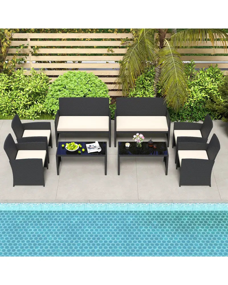 4 Pieces Patio Furniture Set with Tempered Glass Tabletop and Removable Cushion-White - White - Patio Conversation Sets