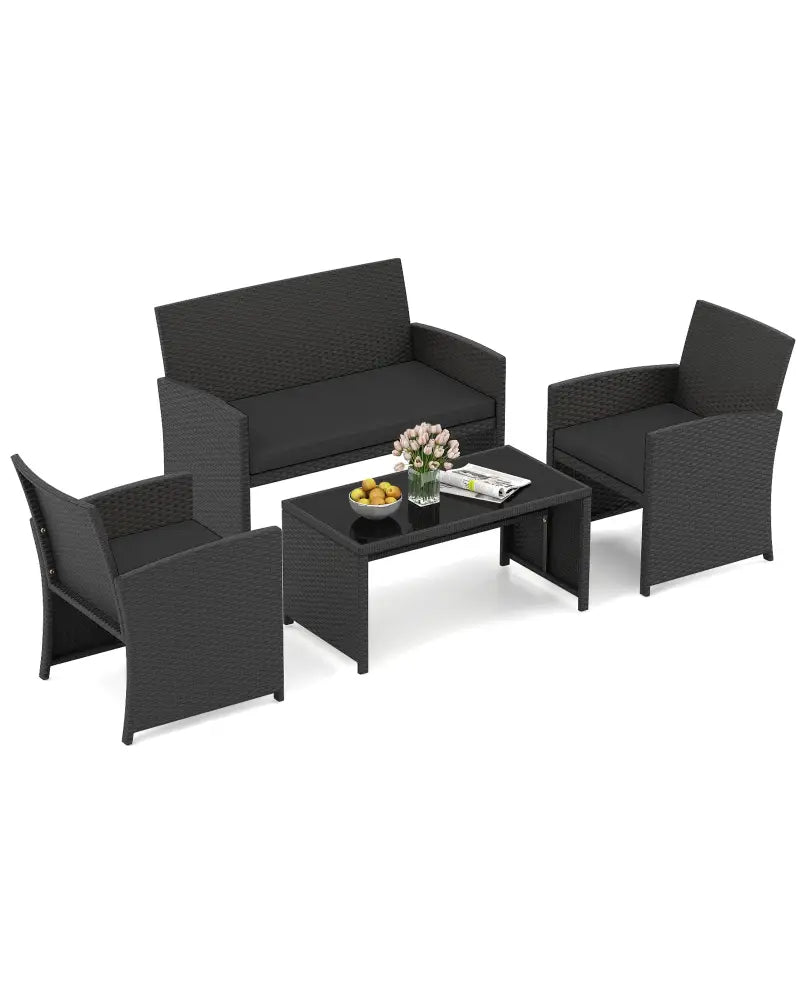 4 Pieces Patio Furniture Set with Tempered Glass Tabletop and Removable Cushion-Black - Black - Patio Conversation Sets