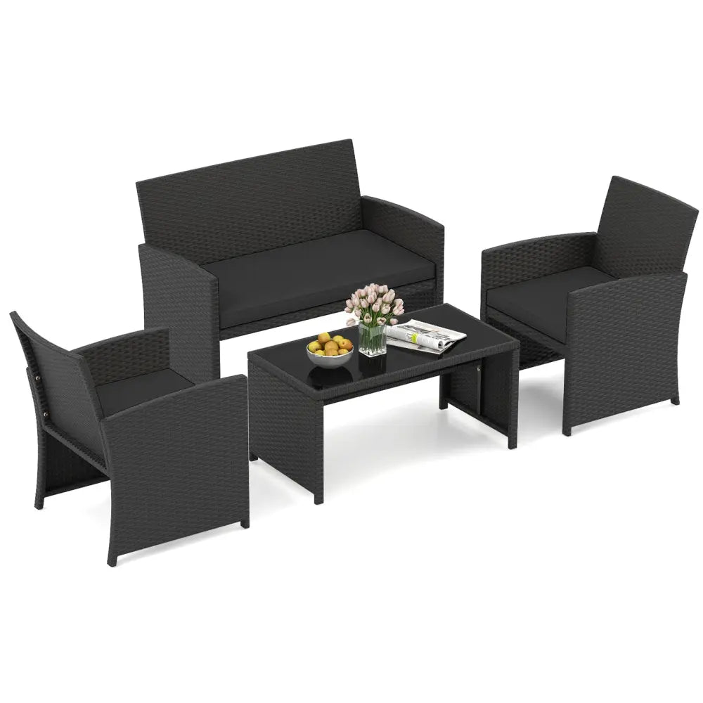 4 Pieces Patio Furniture Set with Tempered Glass Tabletop and Removable Cushion-Black - Black - Patio Conversation Sets