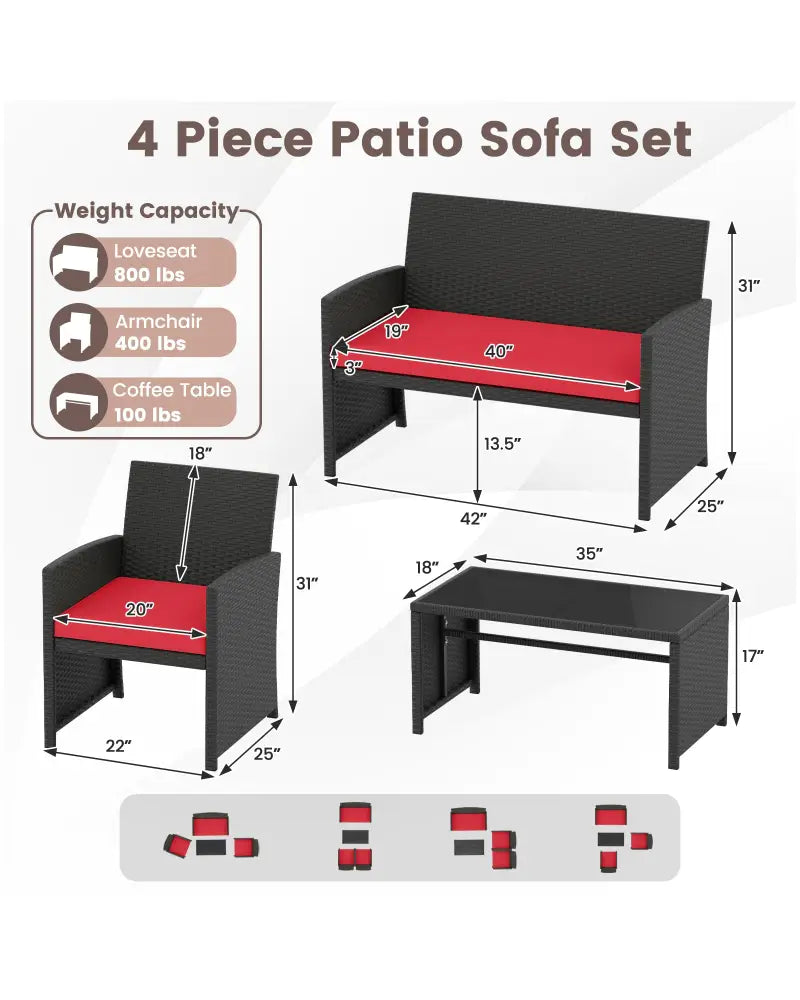 4 Pieces Patio Furniture Set with Tempered Glass Tabletop and Removable Cushion-Red - Red - Patio Conversation Sets