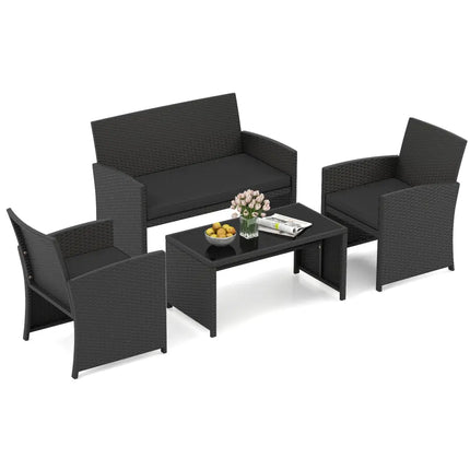 4 Pieces Patio Furniture Set with Tempered Glass Tabletop and Removable Cushion-Black - Black - Patio Conversation Sets