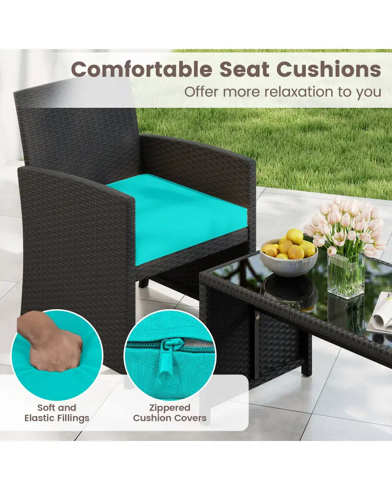 4 Pieces Patio Furniture Set with Tempered Glass Tabletop and Removable Cushion-Turquoise - Turquoise - Patio