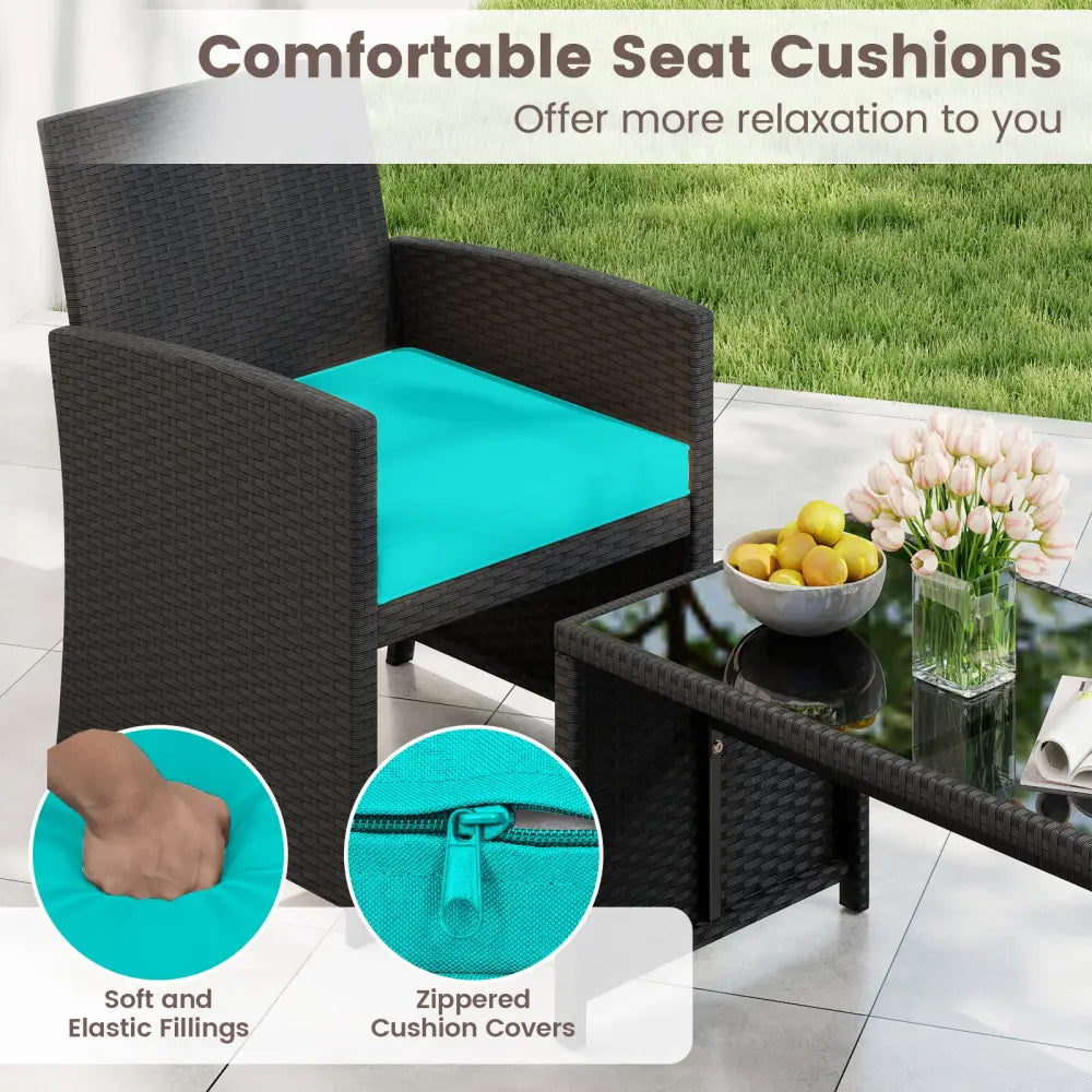 4 Pieces Patio Furniture Set with Tempered Glass Tabletop and Removable Cushion-Turquoise - Turquoise - Patio