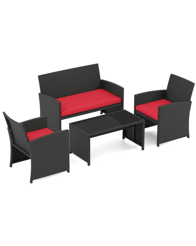 4 Pieces Patio Furniture Set with Tempered Glass Tabletop and Removable Cushion-Red - Red - Patio Conversation Sets