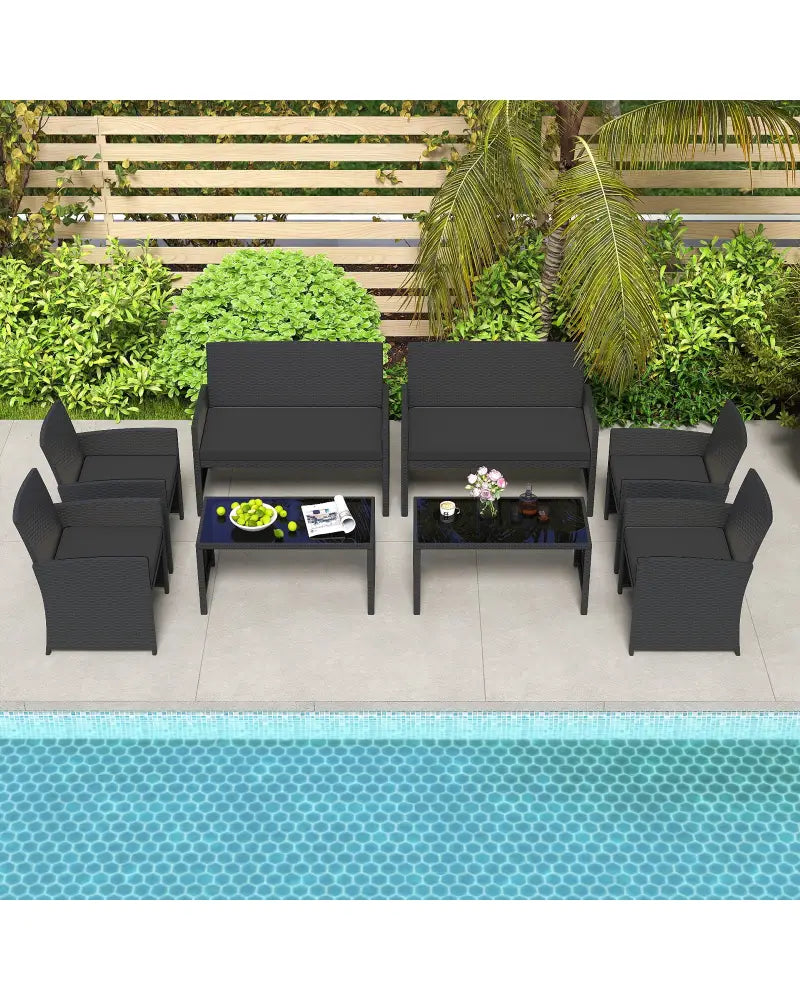 4 Pieces Patio Furniture Set with Tempered Glass Tabletop and Removable Cushion-Black - Black - Patio Conversation Sets