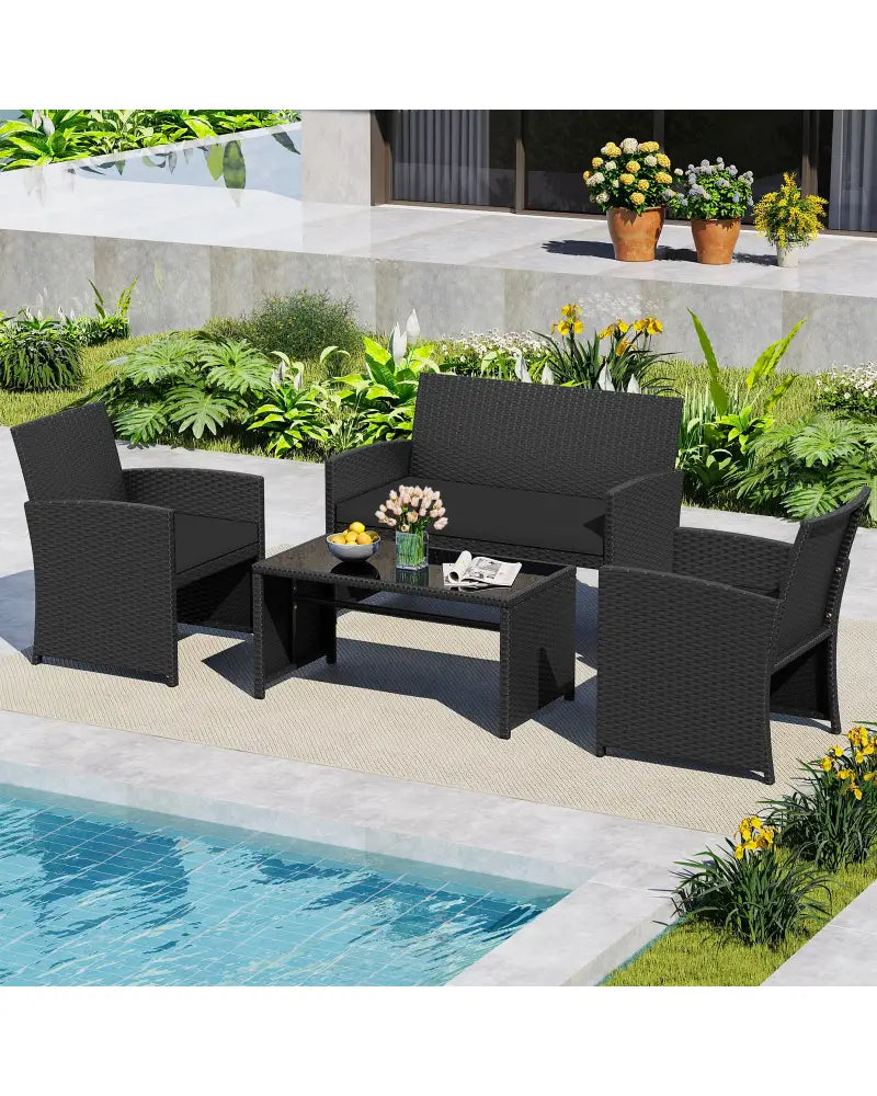 4 Pieces Patio Furniture Set with Tempered Glass Tabletop and Removable Cushion-Black - Black - Patio Conversation Sets