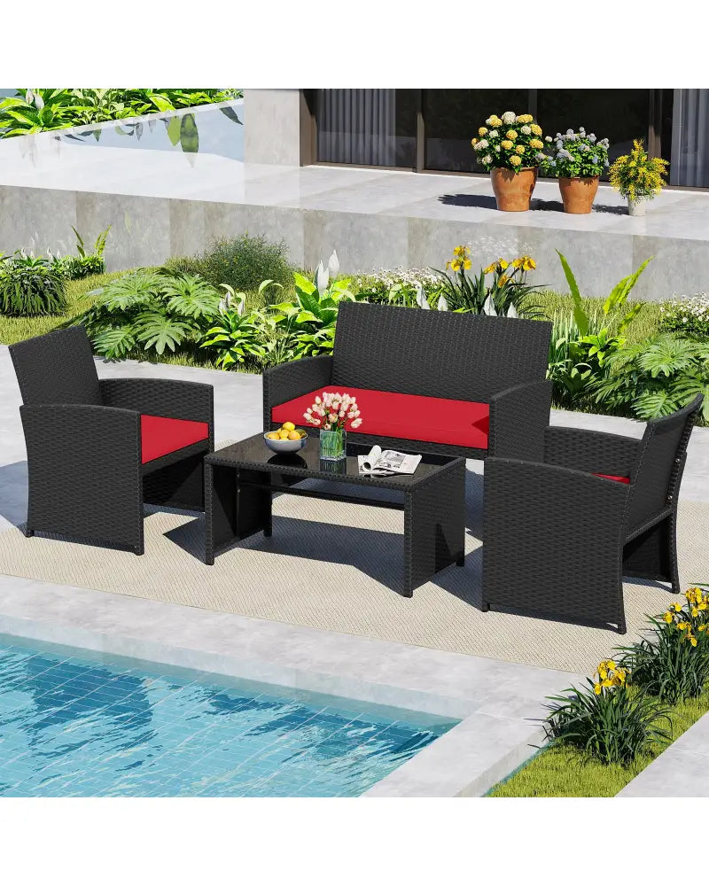 4 Pieces Patio Furniture Set with Tempered Glass Tabletop and Removable Cushion-Red - Red - Patio Conversation Sets
