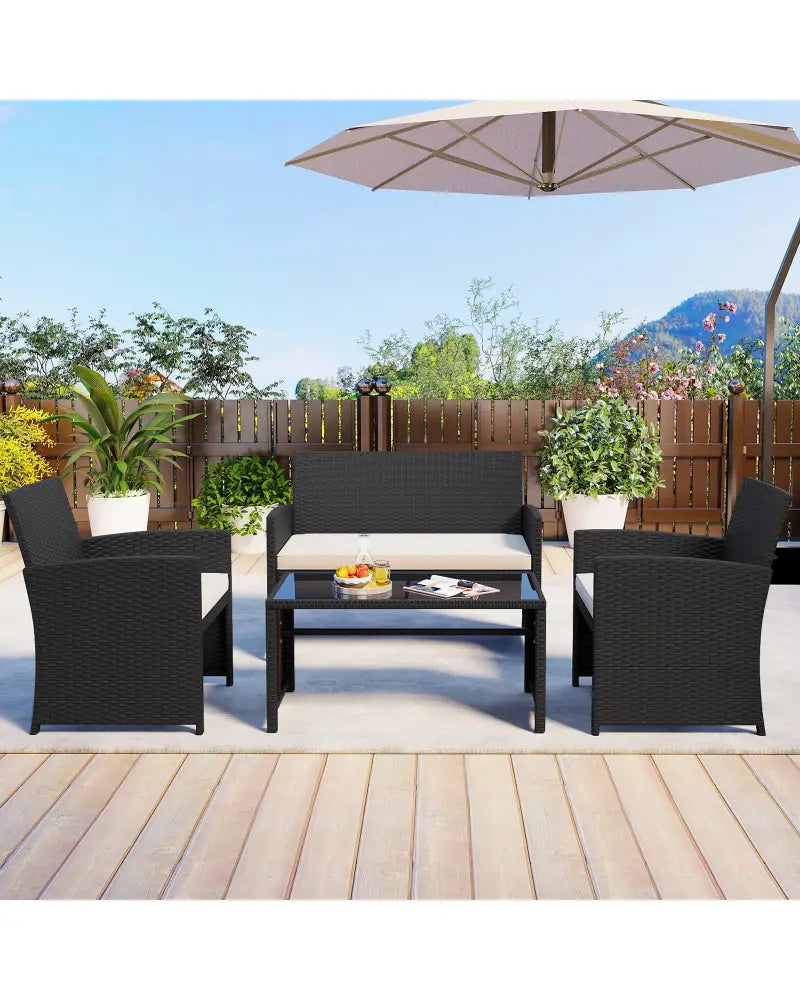 4 Pieces Patio Furniture Set with Tempered Glass Tabletop and Removable Cushion-White - White - Patio Conversation Sets